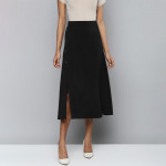 Women Black Front Slit Flared Midi Skirt